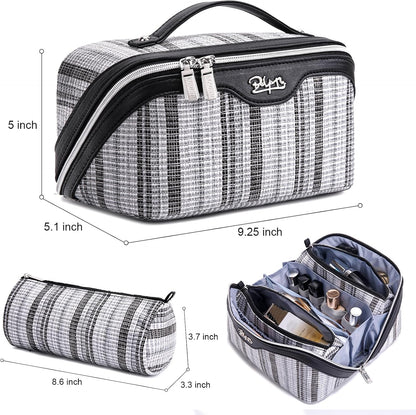 Travel Makeup Bag for Women: Large Capacity Open Flat Make up Bag Set of 3 - Vegan Leather Cosmetic Bag with Compartments - Waterproof Toiletry Bag with Handle & Divider(Black)