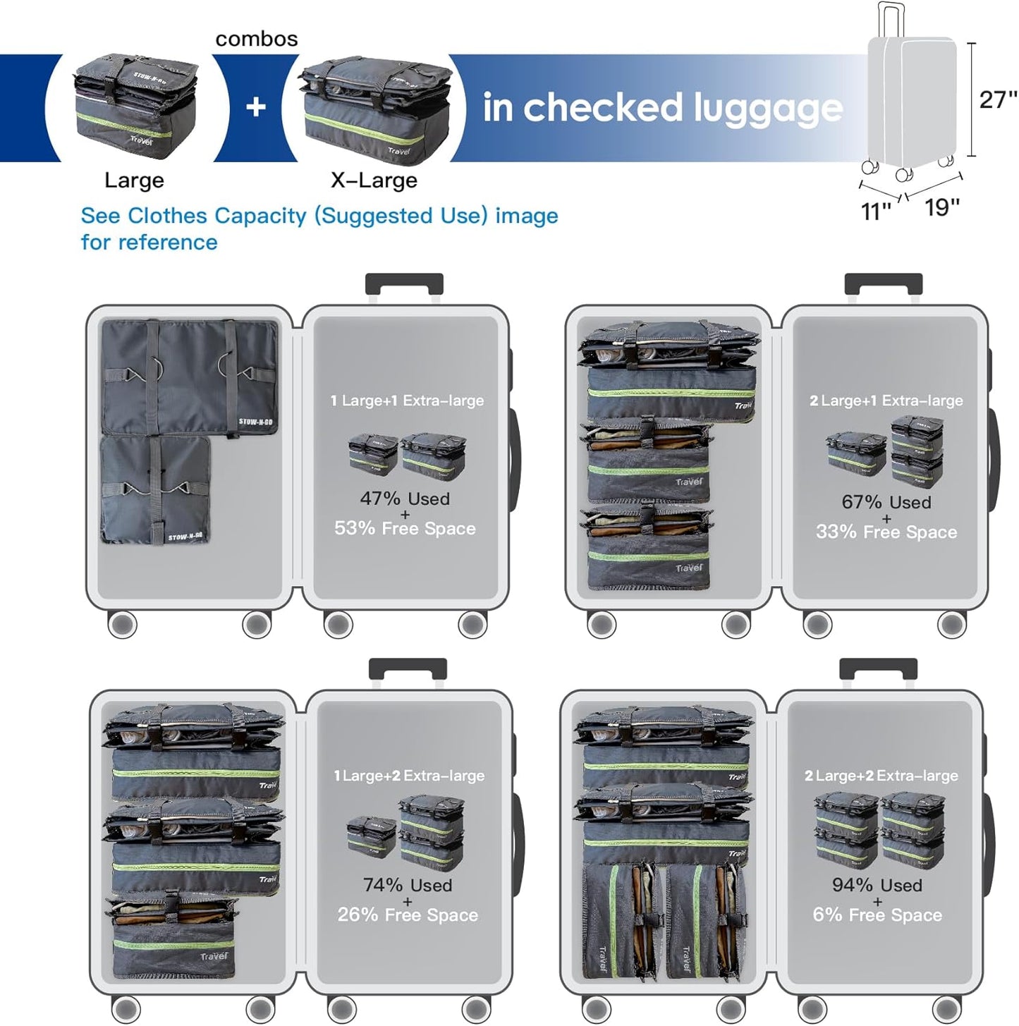 Stow-N-Go Portable Hanging Travel Shelves, Packing Organizer for Luggage. Carry on Closet for Clothes. Expandable Packing Cube. Travel Essentials. Dak Gray - XL