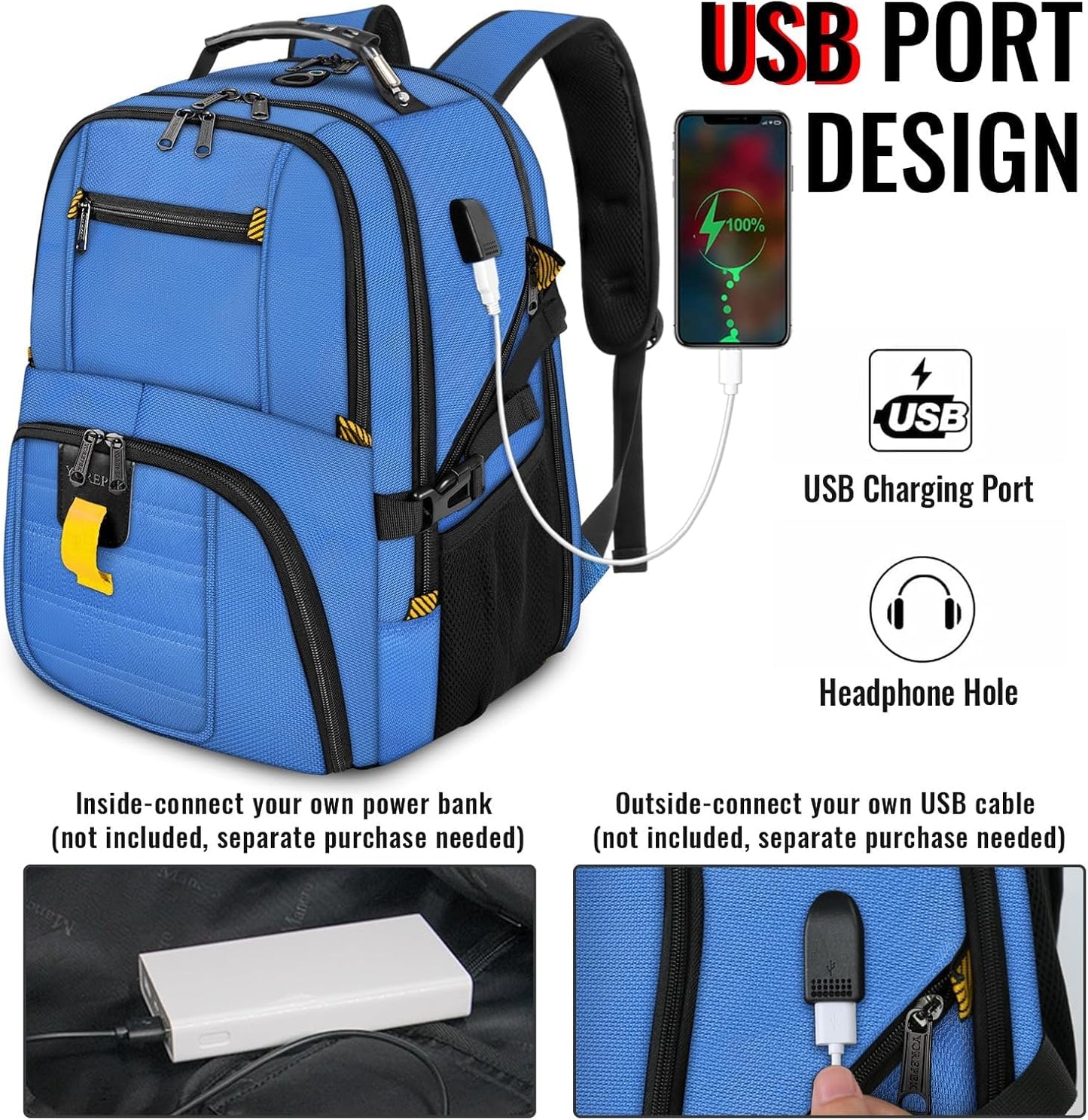 YOREPEK Travel Backpack, Extra Large 50L Laptop Backpacks for Men Women, Water Resistant College Backpack Airline Approved Business Work Bag with USB Charging Port Fits 17 Inch Computers, Cobalt Blue