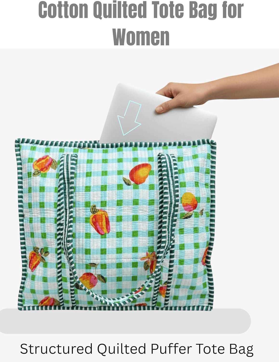 Cotton Quilted Tote Bag for Women – Large Beach & Travel Tote with Zipper, Reusable Grocery Bag