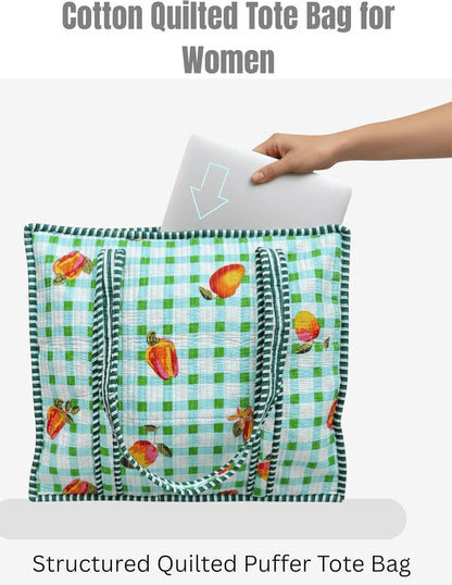 Cotton Quilted Tote Bag for Women – Large Beach & Travel Tote with Zipper, Reusable Grocery Bag