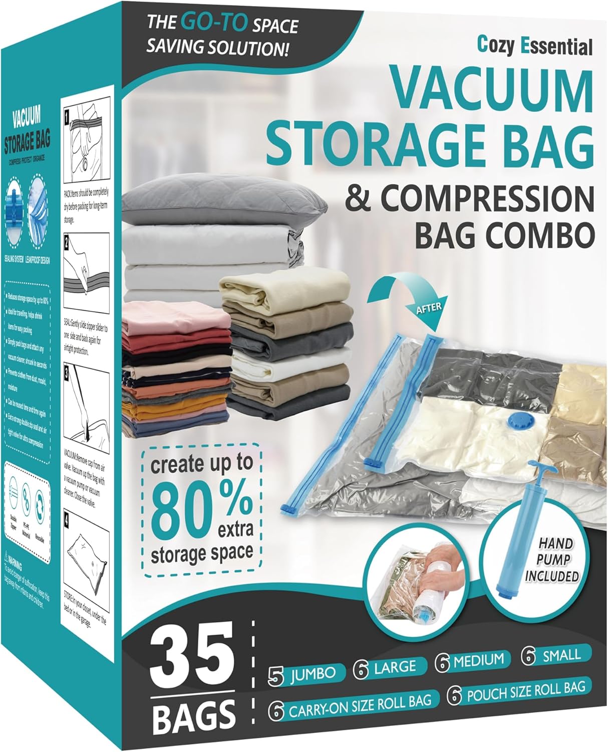 35 Pack Space Saver Bags (5 Jumbo/6 Large/6 Medium/6 Small/6 Roll-M/6 Roll-S) Compression Storage Bags for Comforters and Blankets, Vacuum Sealer Bags for Clothes Storage, Hand Pump Included
