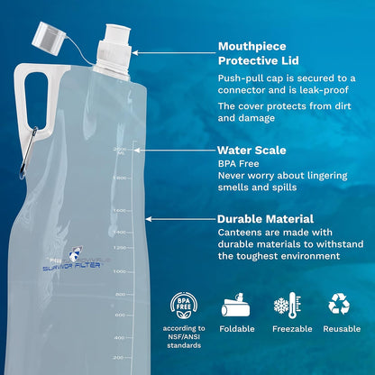 Survivor Filter Clear Collapsible Water Bottles - Travel, Hiking, Foldable, BPA-Free - 2 x