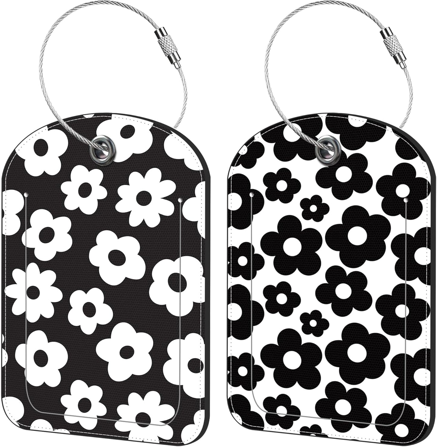 Vintage Groovy Flowers Luggage Tag for Suitcase Set of 2 PU Leather Cute Luggage Tags with Stainless Metal Loop ID Label Privacy Flap Suitcase Tags for Women and Men Travel