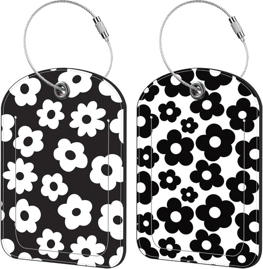 Vintage Groovy Flowers Luggage Tag for Suitcase Set of 2 PU Leather Cute Luggage Tags with Stainless Metal Loop ID Label Privacy Flap Suitcase Tags for Women and Men Travel