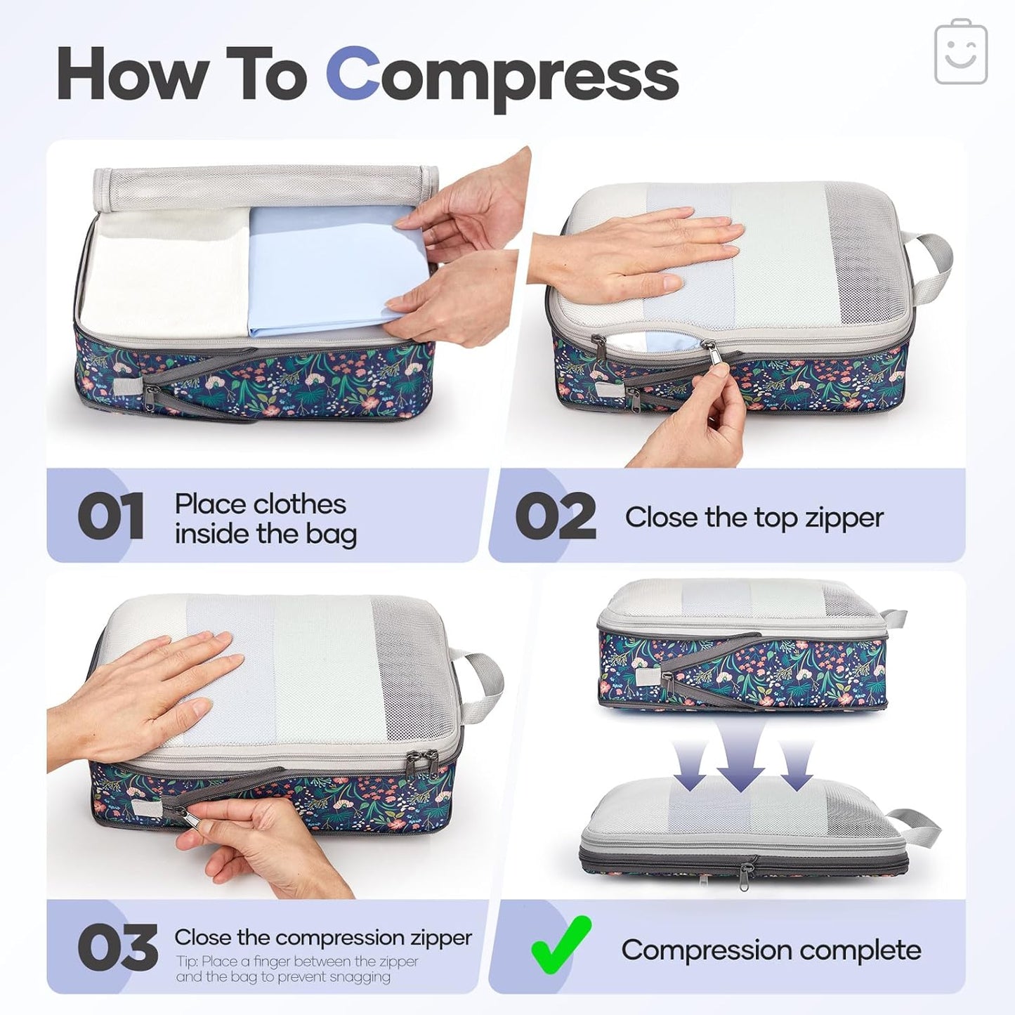 Veken 9/11 Set Compression Packing Cubes for Travel Essentials,Compressible Expandable Large Luggage Suitcase Organizer Bags for Clothing,Durable Space Saver Storage Bags(Dark Blue Floral)