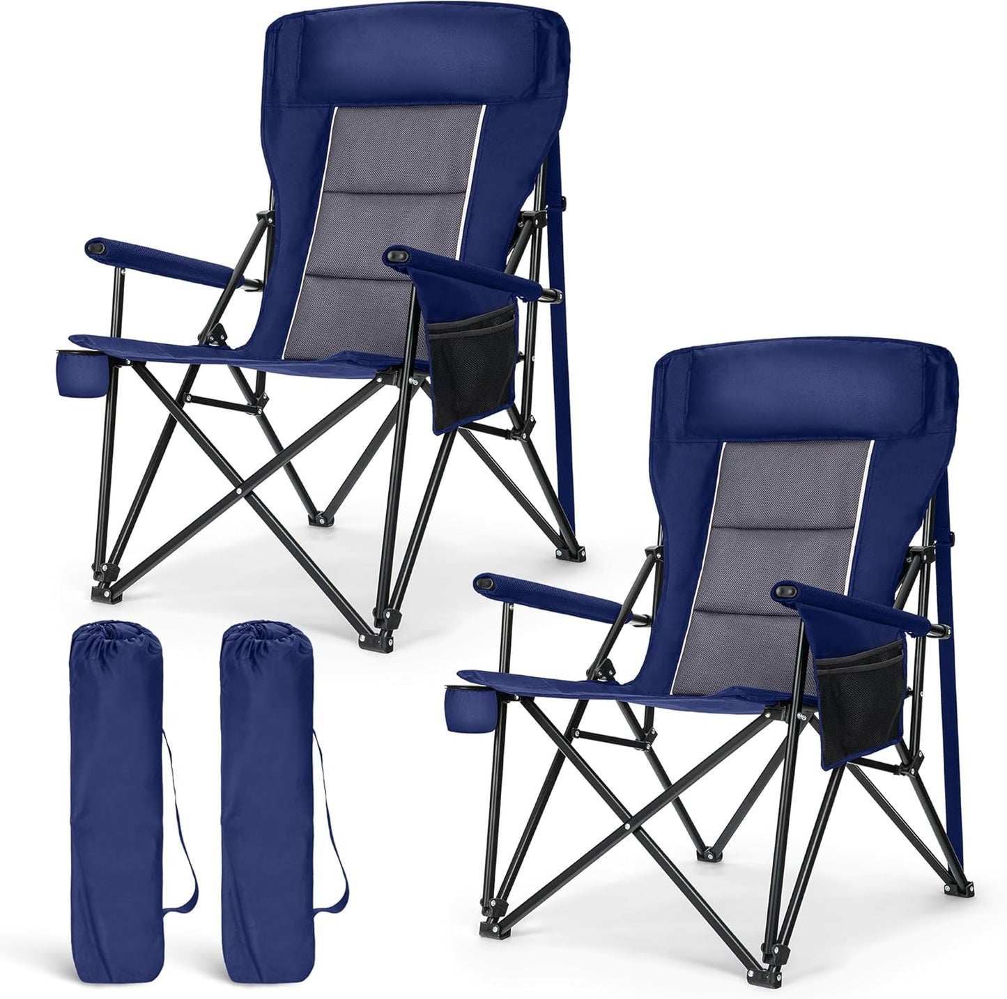 LET'S CAMP Oversized Camping Chairs 29.52" High Back Heavy Duty Lawn Chair Support 500LBS, Portable Collapsible Chair with Cup Holder, Side Pocket,2 Pack(Blue)