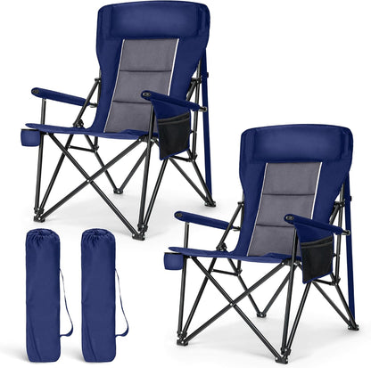 LET'S CAMP Oversized Camping Chairs 29.52" High Back Heavy Duty Lawn Chair Support 500LBS, Portable Collapsible Chair with Cup Holder, Side Pocket,2 Pack(Blue)