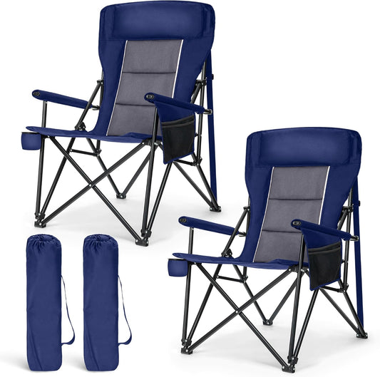 LET'S CAMP Oversized Camping Chairs 29.52" High Back Heavy Duty Lawn Chair Support 500LBS, Portable Collapsible Chair with Cup Holder, Side Pocket,2 Pack(Blue)