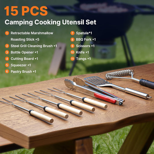 Camping Cooking Utensils Set Grilling Cookware Camp Kitchen Rotating Marshmallow Roasting Sticks BBQ Forks, Portable RV Camping Essentials Camper Must Haves for Cookouts Open Fire Pit