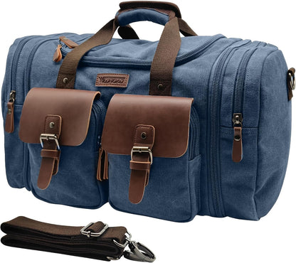 Wildroad 50L Travel Duffel Bag, Expandable Canvas Genuine Leather Duffle Bag Upgraded Overnight Weekender Carry on Bag (Navy Blue, Large-50L)