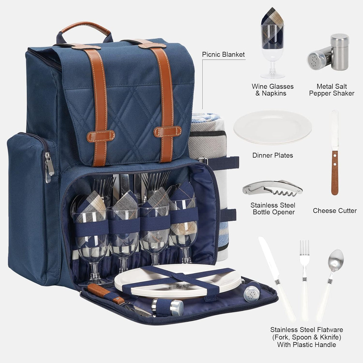 Picnic Backpack for 4 Person with Large Insulated Cooler Bag, Picnic Basket Set with Wine Pouch, Waterproof Picnic Blanket & Cutlery Set. Perfect for, Camping, Party,Wedding Gift for Couple,Blue