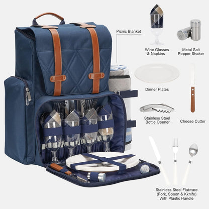 Picnic Backpack for 4 Person with Large Insulated Cooler Bag, Picnic Basket Set with Wine Pouch, Waterproof Picnic Blanket & Cutlery Set. Perfect for, Camping, Party,Wedding Gift for Couple,Blue