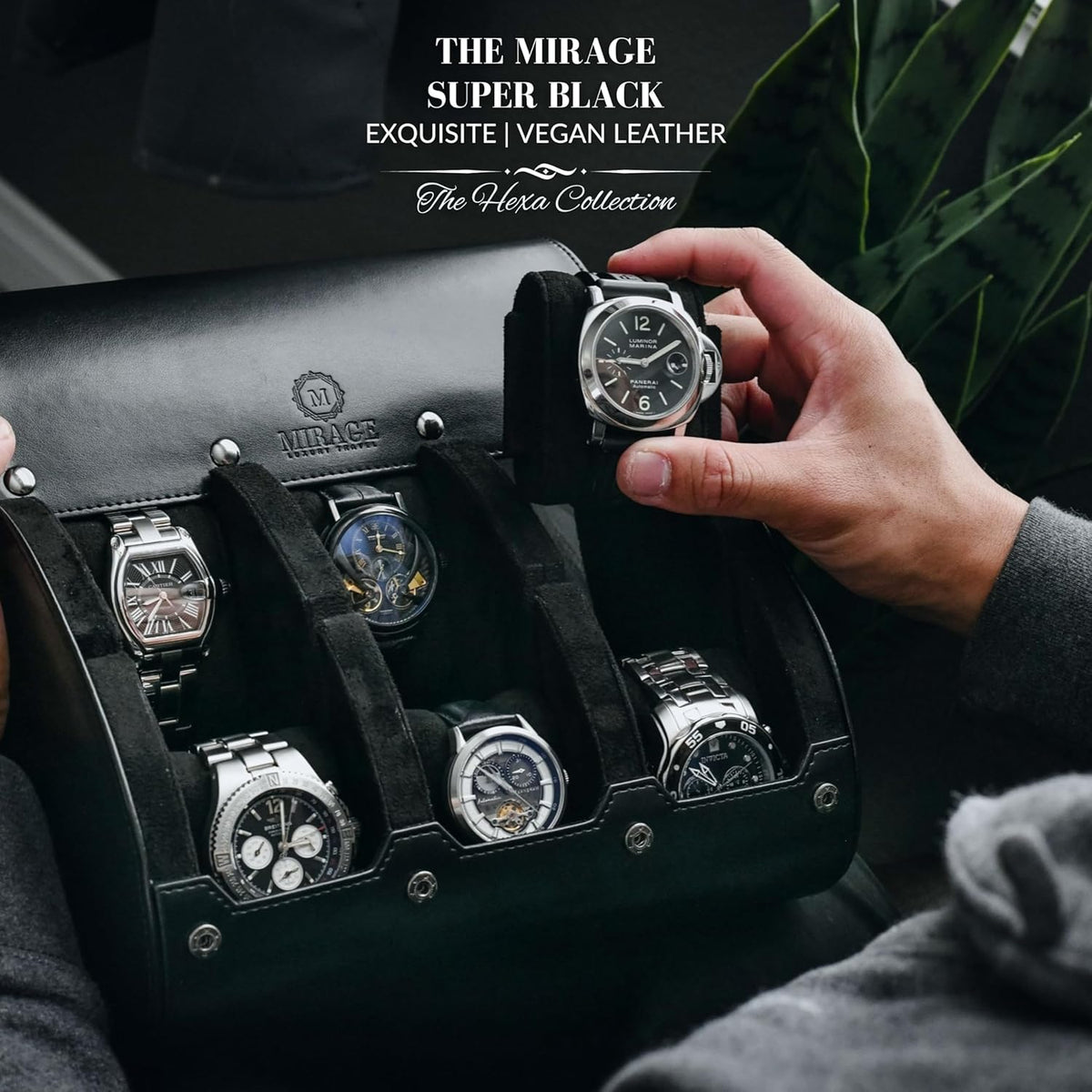 Black Watch Case for Men - 6-watch Roll Travel Case by Mirage - Super Black motif design