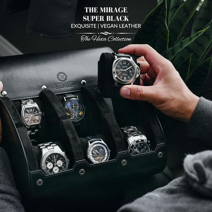 Black Watch Case for Men - 6-watch Roll Travel Case by Mirage - Super Black motif design