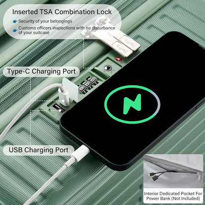 Hard Shell Suitcases Expandable Travel Luggage Sets 2 Piece, Carry on and Check in Luggage Lightweight Suitcase Set 2 Piece with Wheels Cup Holder Charger Built in (Forest Green, 20/28)