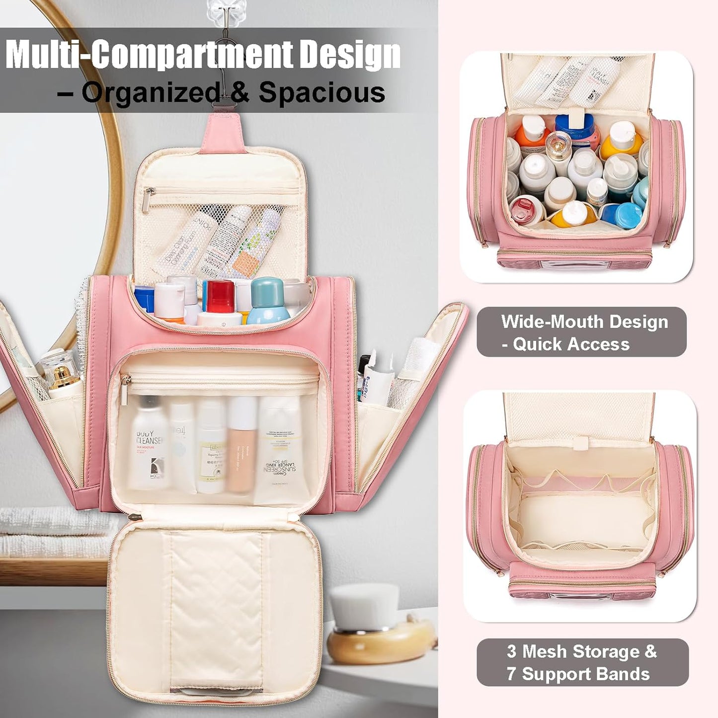 Travel Toiletry Bag for Women, Hanging Toiletry Bag, Bathroom Bag Portable Shower Caddy for College Dorm Travel Shower Bag for Women Water-Resistant Cosmetic Makeup Bag (Pink)