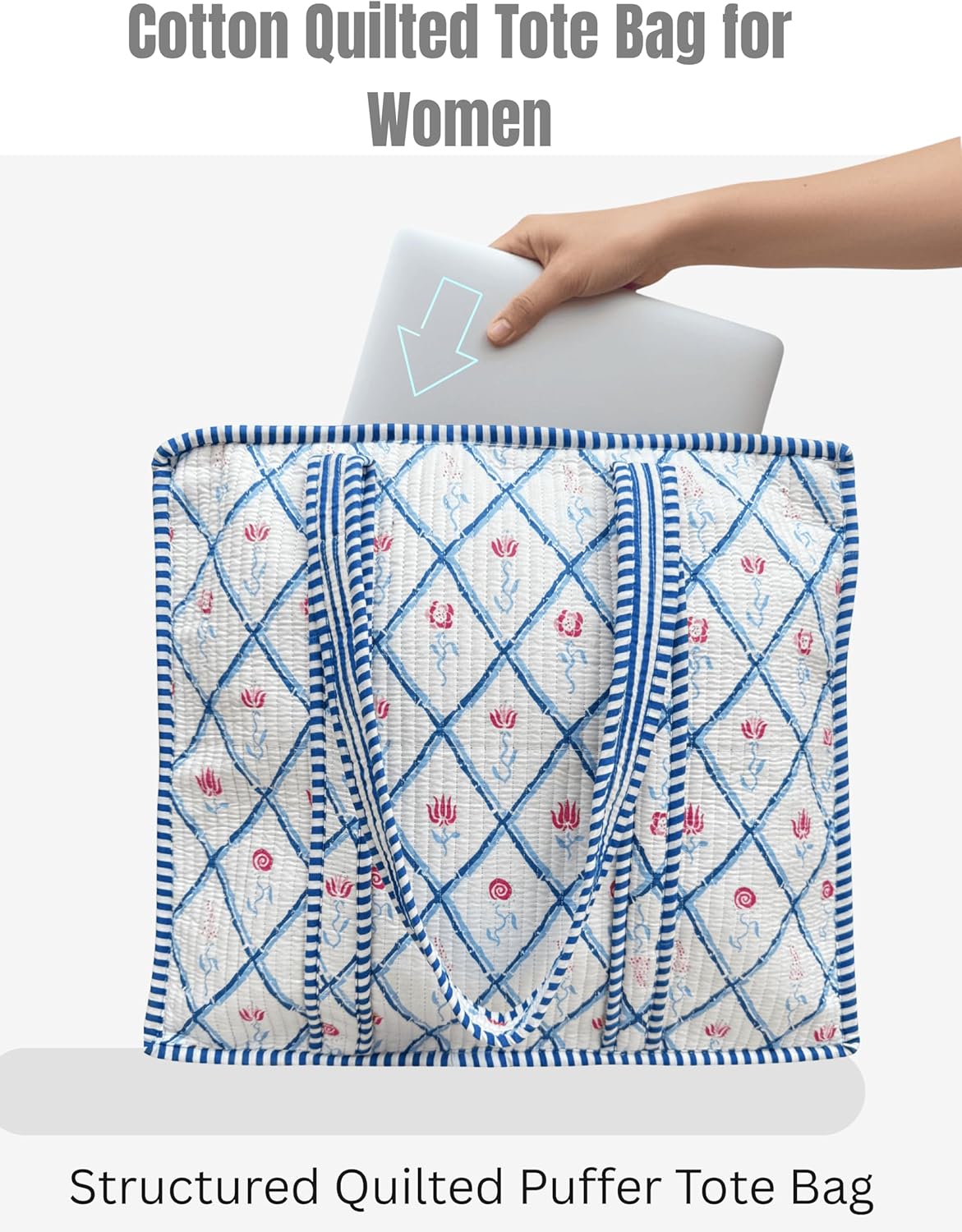 Cotton Quilted Tote Bag for Women – Large Beach & Travel Tote with Zipper, Reusable Grocery Bag