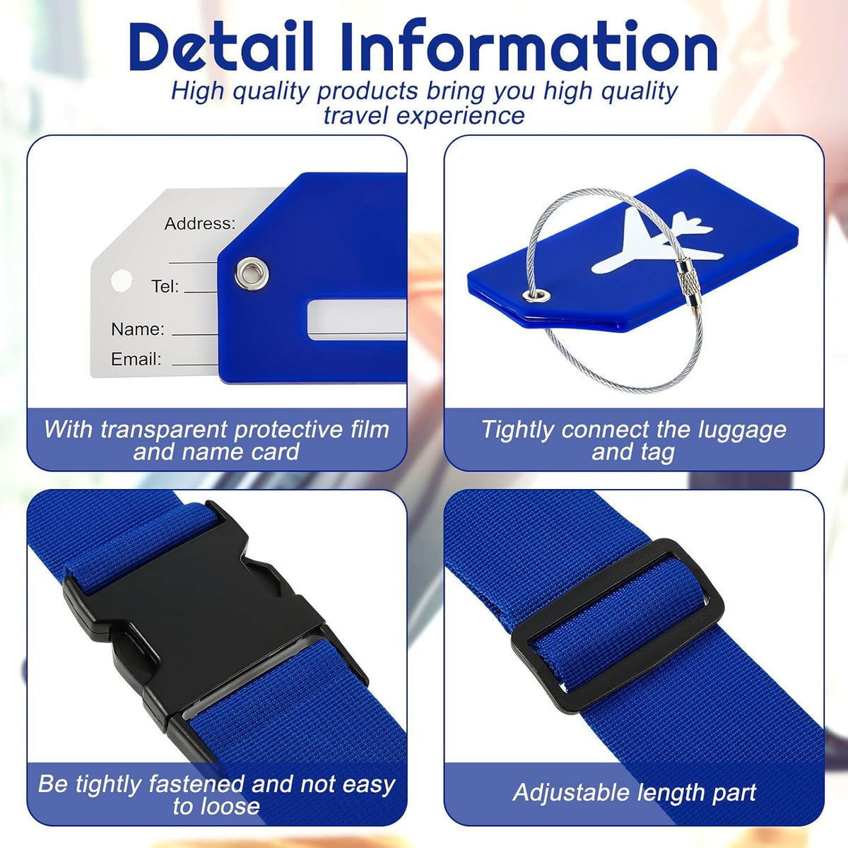 Weewooday 8 Pcs Luggage Straps Suitcase Tags Set for TSA Approved, 4 Travel Adjustable Suitcase Belt, 4 Silicone Luggage Tags with Name ID Card Travel Accessories(Ultramarine,Airplane)