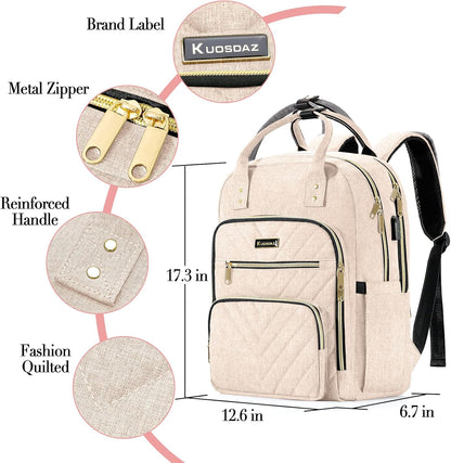 Laptop Backpack for Women, High School Bookbag for Girls with USB Port Charging, 15.6 Inch Water Resistant Computer Bag for Work, Travel College Back Pack Purse Gifts for Student Teacher, Beige