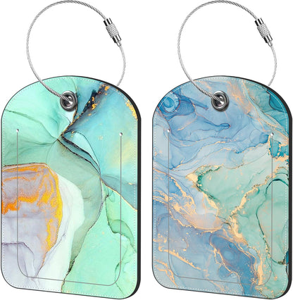 Emerald Marble Luggage Tag for Suitcase Set of 2 PU Leather Cute Luggage Tags with Stainless Metal Loop ID Label Privacy Flap Suitcase Tags for Women and Men Travel