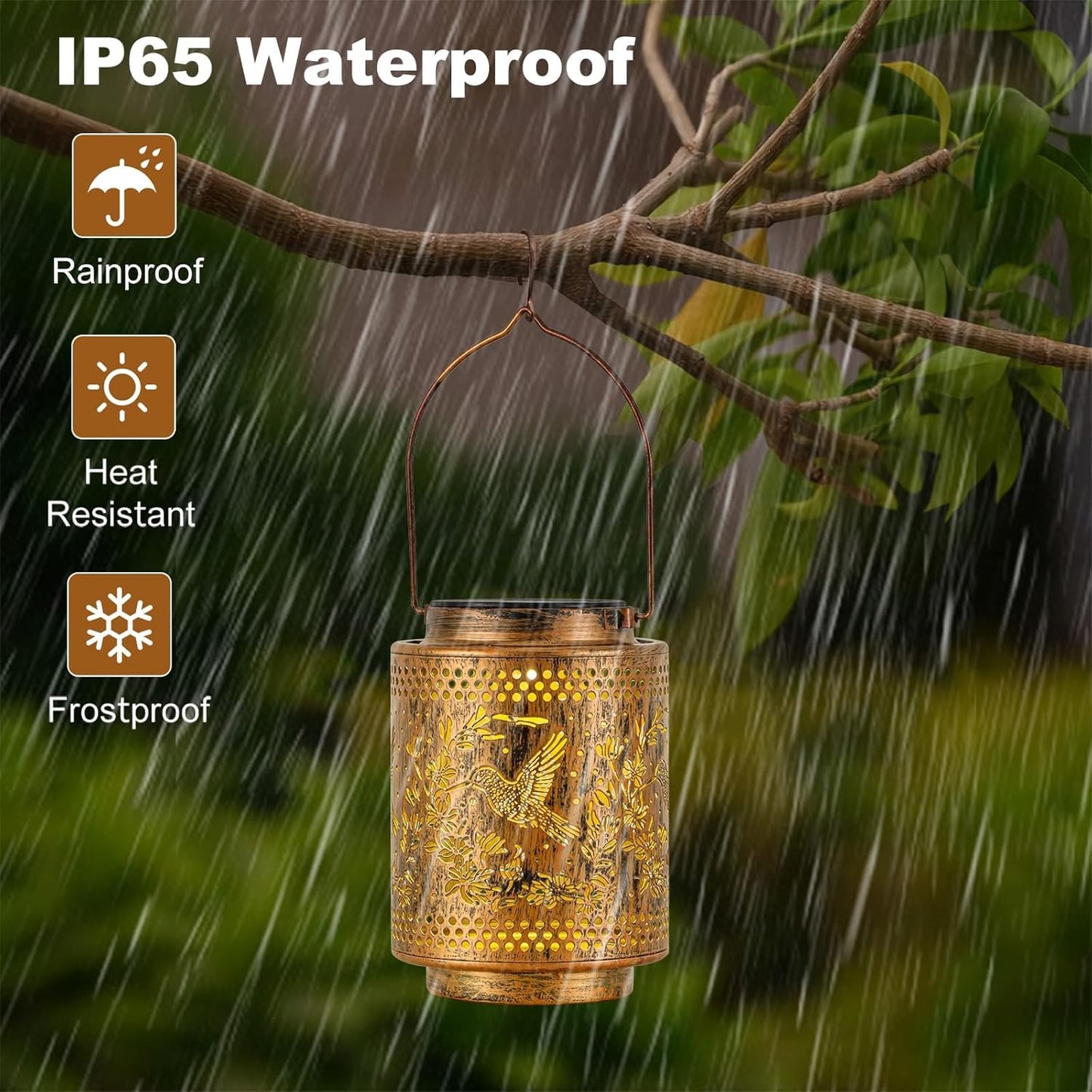 2 Pack Solar Lanterns Outdoor Waterproof Hummingbird and Iris Hanging Garden Lights with Metal Build Decorative Warm Light Solar Lamps for Patio Yard Gifts for Women