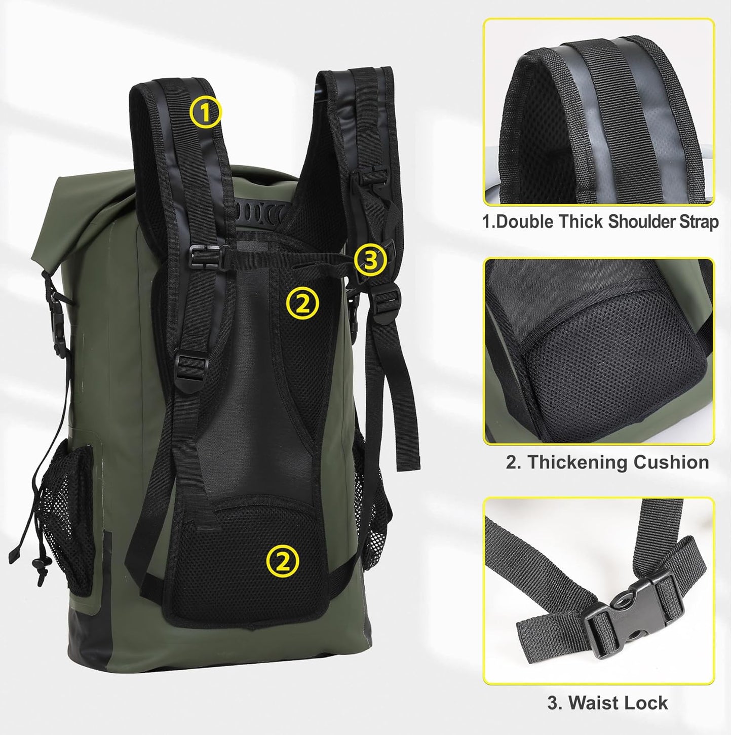 UPWELL Waterproof Dry Bag 30L Boating Backpack for Travel Hiking Camping Bags for Kayaking Hiking Waterproof Bags Swimming Floating Submersible Dry Bag Green