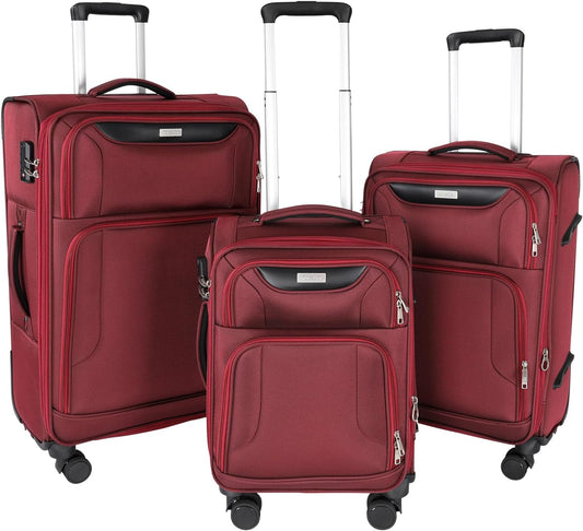 3-Piece Softside Expandable Luggage Set with Front Open Pocket, Lightweight and Durable Oxford Fabric Suitcase Set with TSA Lock (Burgundy Wine Red, 20in/24in/28in)