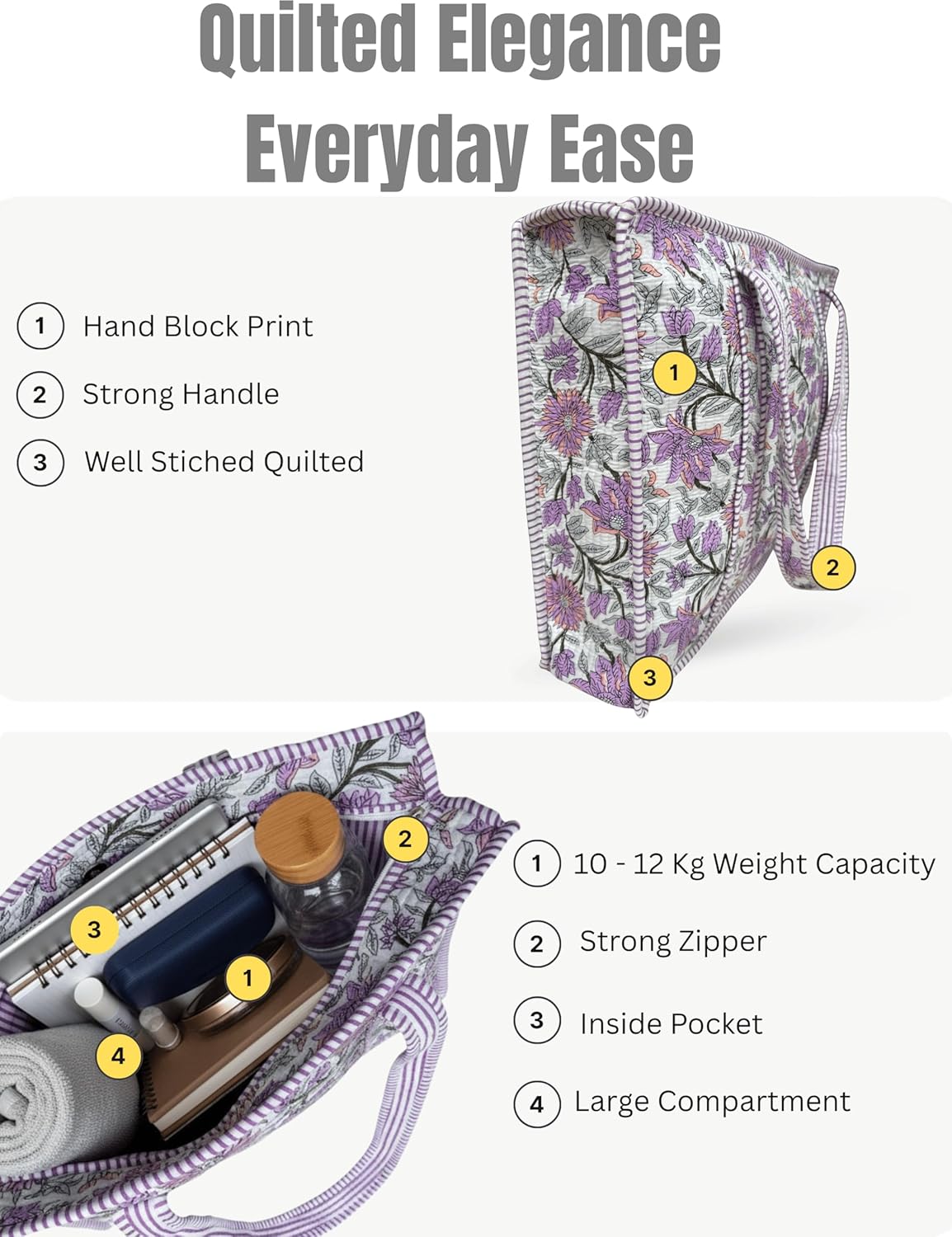 Cotton Quilted Tote Bag for Women – Large Beach & Travel Tote with Zipper, Reusable Grocery Bag