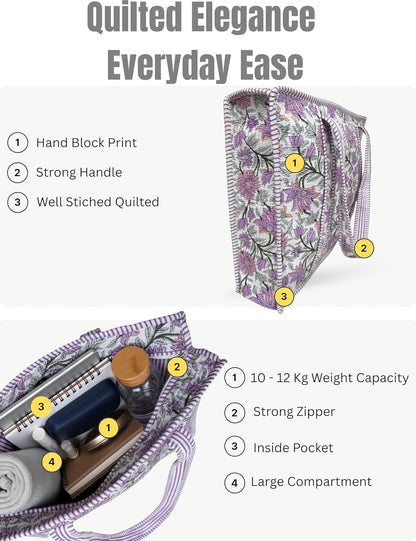 Cotton Quilted Tote Bag for Women – Large Beach & Travel Tote with Zipper, Reusable Grocery Bag