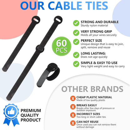 60x Cable Management Ties, Cord Wraps Black 6 Inches, Reusable Tidy Wire Ties for Cords, PC, TV, Computer & Desk