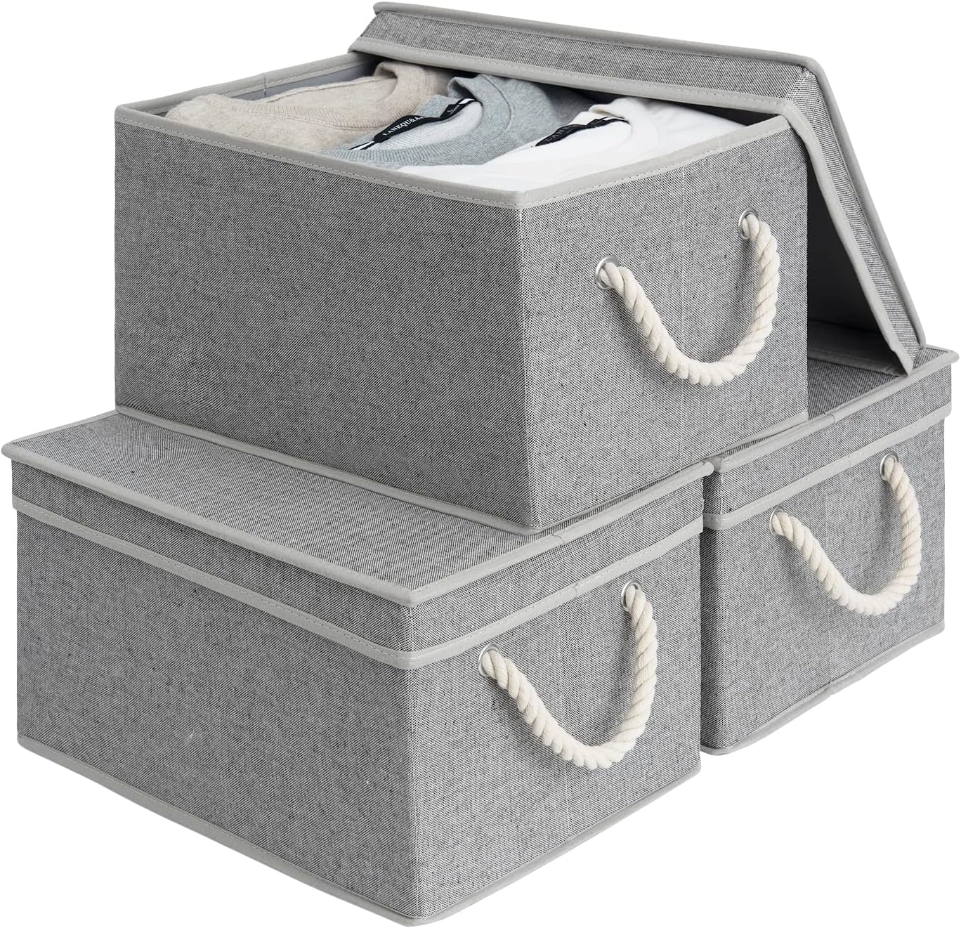 StorageWorks Storage Bins with Lids, Decorative Storage Boxes with Lid and Soft Rope Handles, Foldable Storage Baskets for Closet, Shelves, Stackable, 3-Pack, Gray, Large