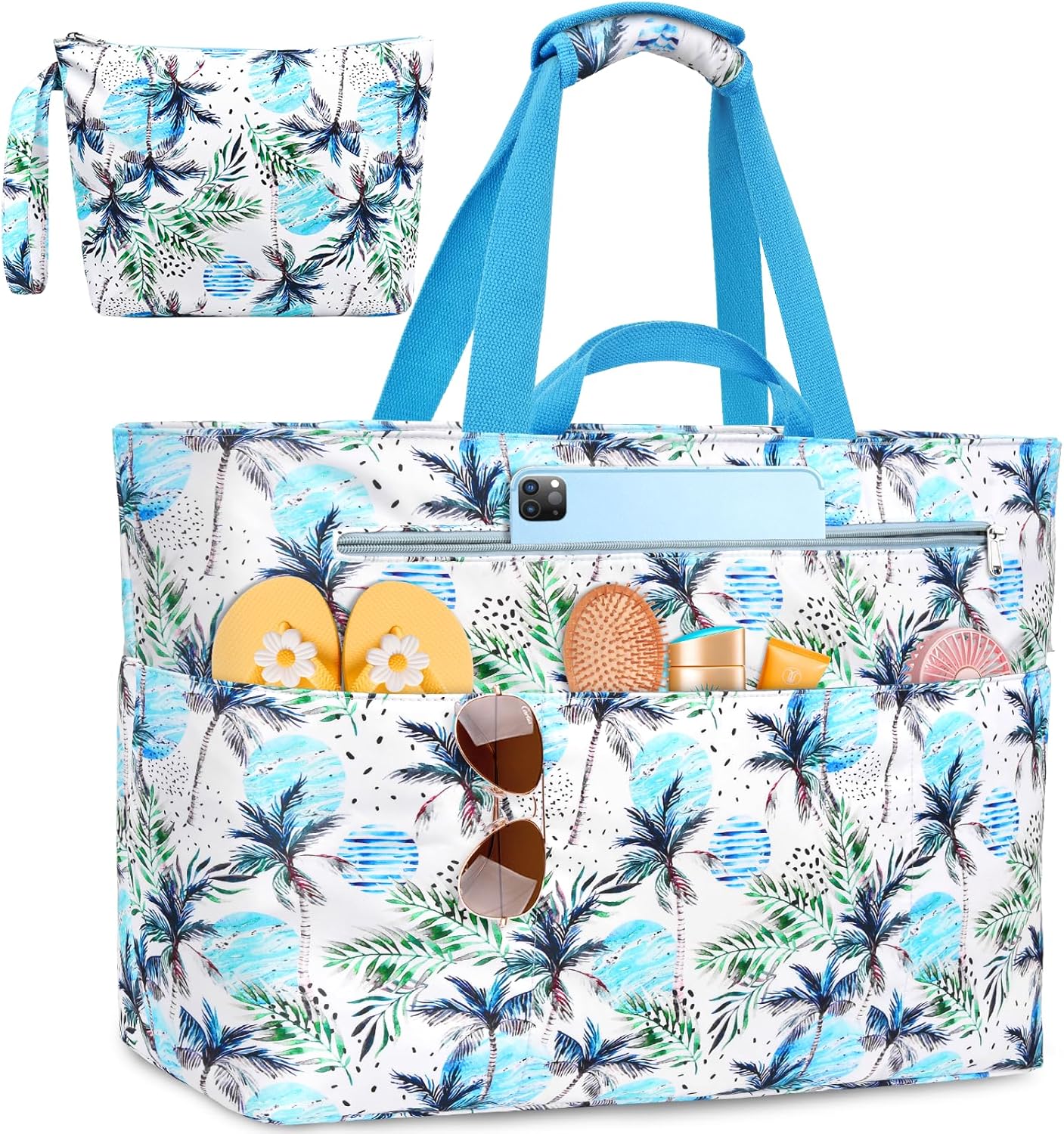 Extra Large Beach Bags for Women, Waterproof Sandproof Beach Tote Bag Zipper Foldable Swim Pool Bag with Wet Pocket