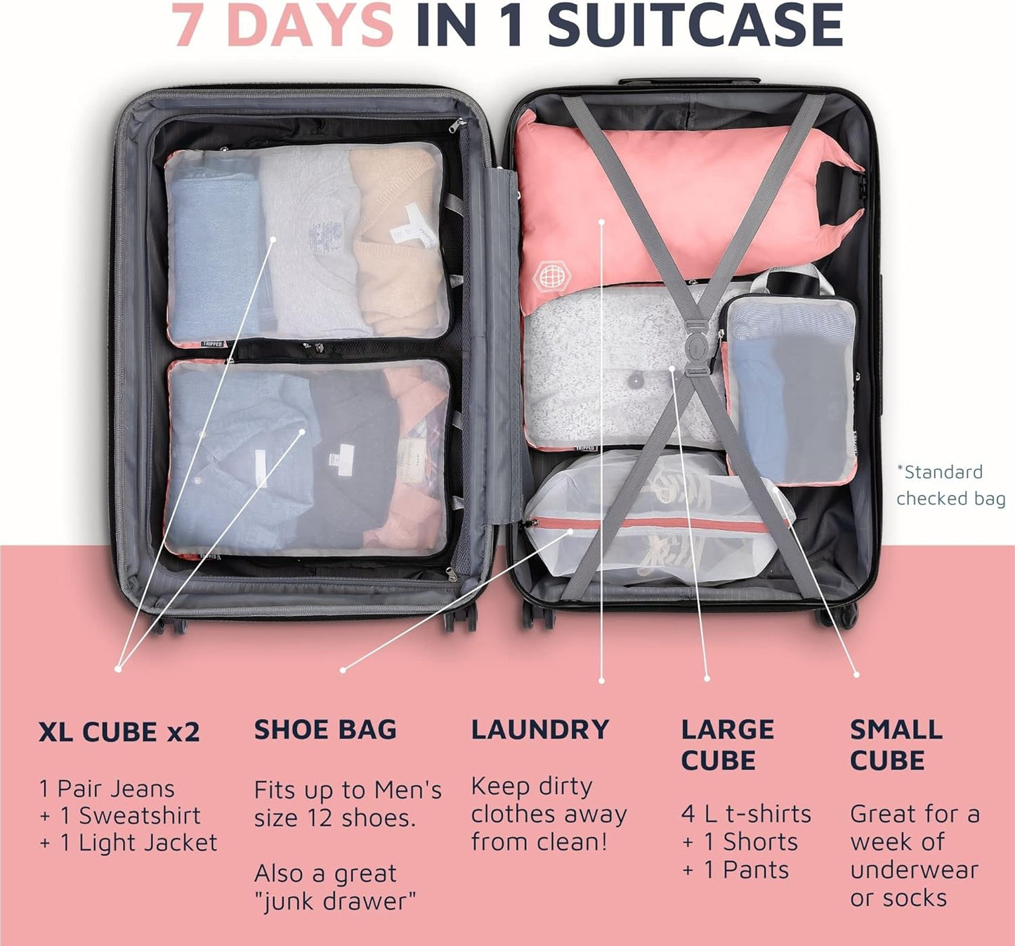 Large Packing Cube Set with See Through Mesh- Compression Packing Cubes Travel Organizers by TRIPPED Travel Gear (Dusty Rose)