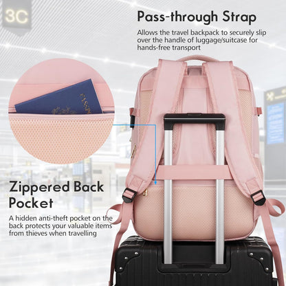 MOMUVO Large Travel Backpack Women, Flight Approved Carry On Backpack, Water Resistant Anti-Theft Large Casual Daypack Fit 17 Inch Laptop with USB Charging Port, Pink