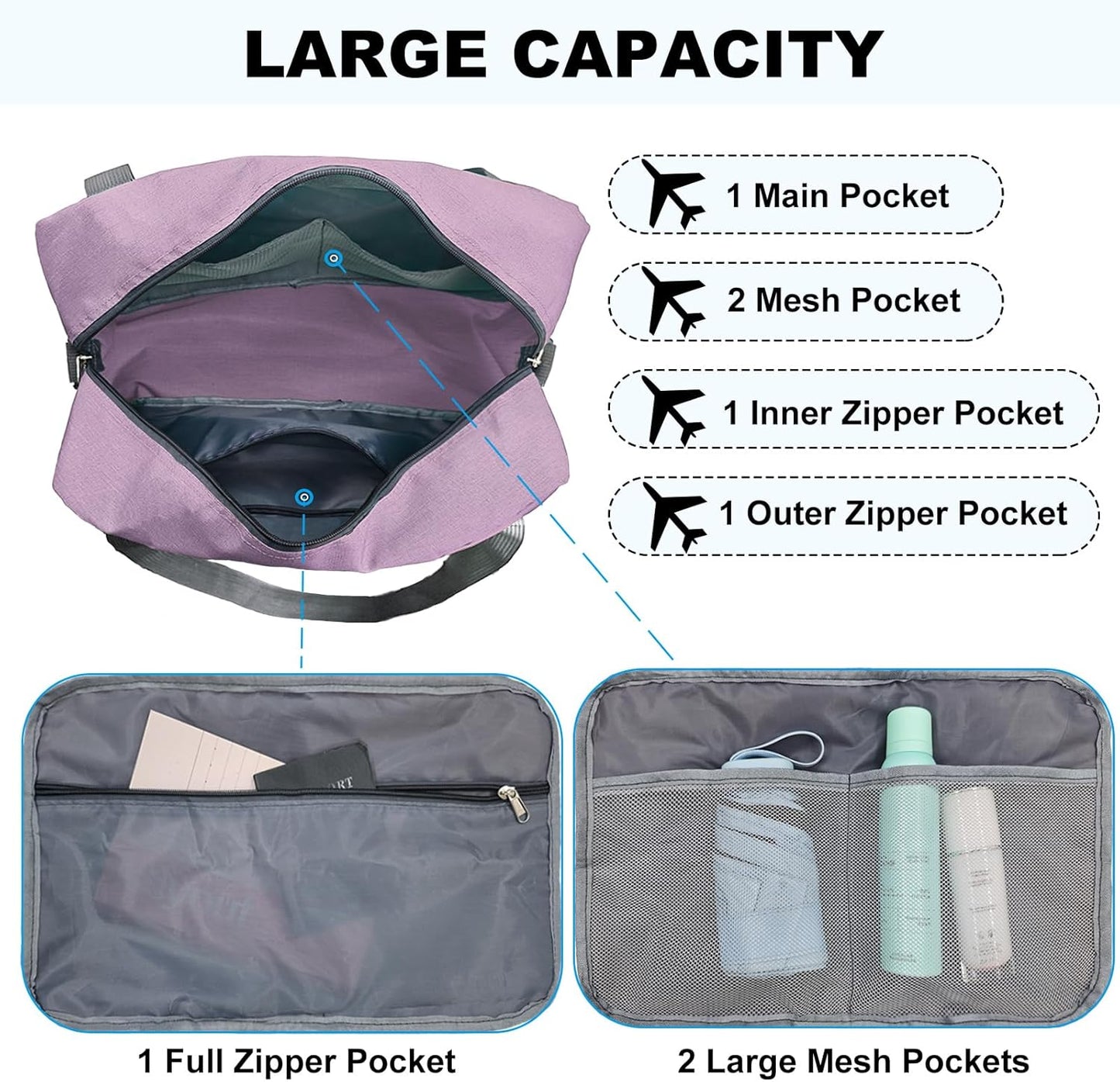 For Spirit Airlines Personal Item Bag 18x14x8 in Underseat Carry-on Luggage foldable Travel Duffle Bag for Airplanes(30L, Purple)