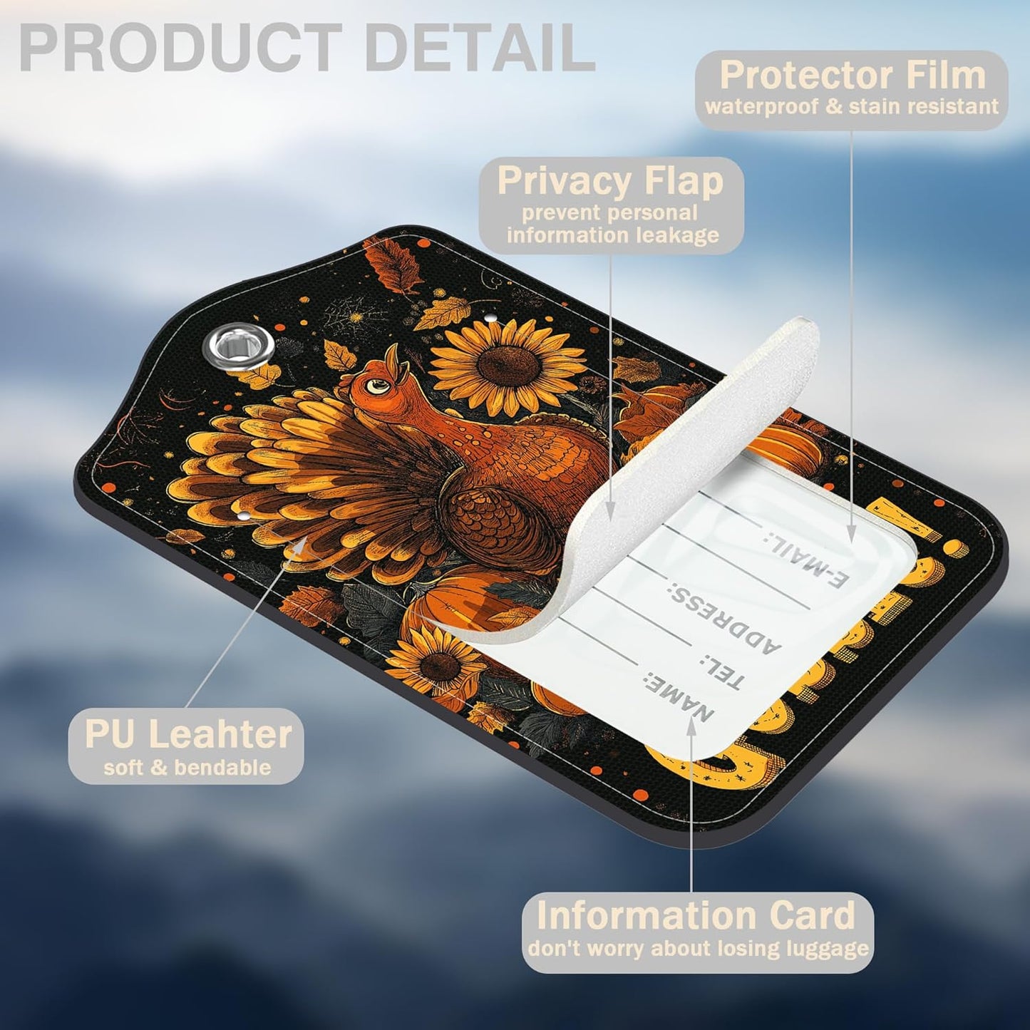 2 Pack Pumpkin and Sunflower Luggage Tags for Suitcases Autumn Turkey Leather Luggage Tags Privacy Cover ID Label with Stainless Steel Loop and Address Card for Women Men Travel Bag Backpack