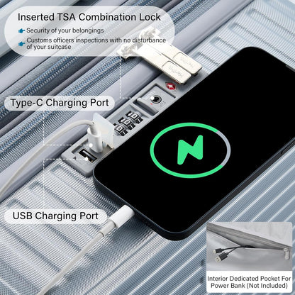 Hard Shell Suitcases Expandable Travel Luggage Sets 2 Piece, Carry on and Check in Luggage Lightweight Suitcase Set 2 Piece with Wheels Cup Holder Charger Built in (Silver, 20/28)