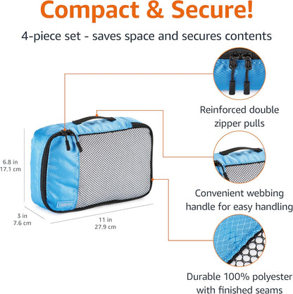 Amazon Basics Small Packing Cubes for Travel, Packing Organizers, 4-Piece-Set With Double Zipper Pulls and Mesh Top Panel, 100% Durable Polyester, Sky Blue, 11"L x 6.8"W x 3"H