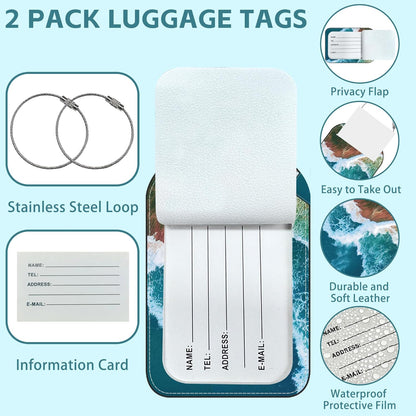 Sandy Beach Wave Luggage Tag for Suitcase Set of 2 PU Leather Cute Luggage Tags with Stainless Metal Loop ID Label Privacy Flap Suitcase Tags for Women and Men Travel