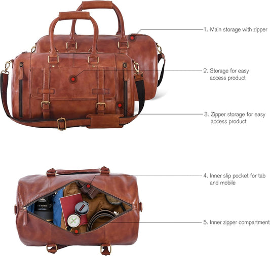 Genuine Leather Duffle Bag for Men | Vintage Weekender Travel Bag | Overnight Carry-On Luggage | Handmade Leather Gym Bag for Men