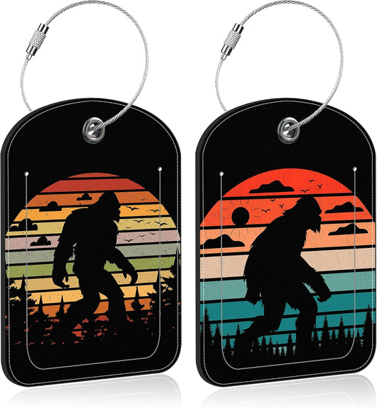 2 Pack PU Luggage Tags for Suitcase, Sasquatch Sunset Suitcase Tag Leather ID Label Bag Tags with Privacy Cover and Metal Loop for Men Women Travel Bag