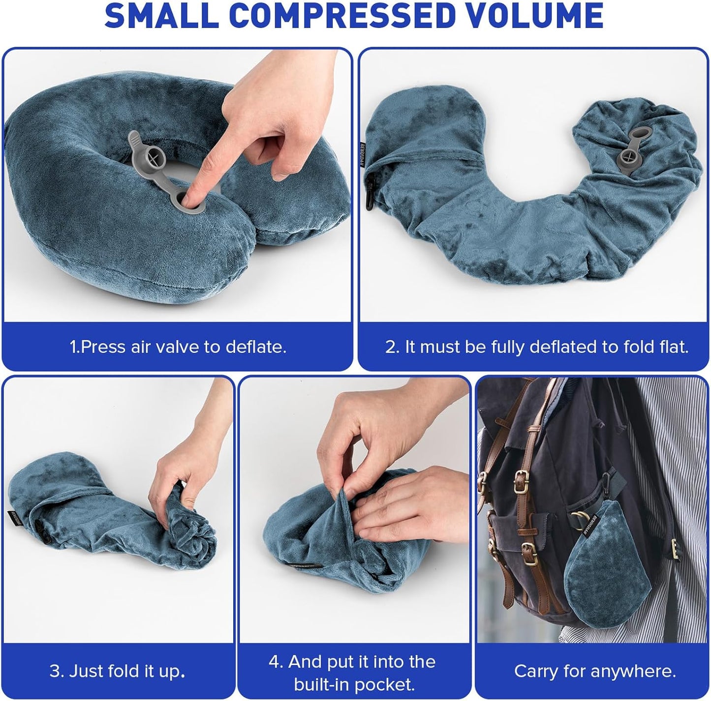 Rewondah Neck Pillows for Travel, Inflatable Travel Pillow, Inflatable Neck Pillow for Traveling Airplane with Soft Velour Washable Cover, U Shape Blow Up Neck Pillow for Airplanes Train Car Travel