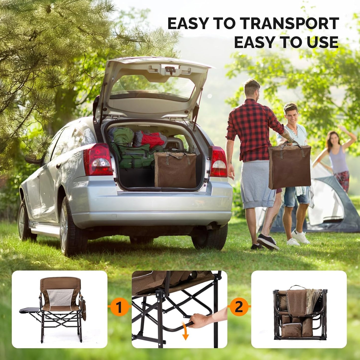 VINGLI Camping Chairs, Directors Chair, Camping Chair with Side Table & Carry Bag，Heavy Duty Camping Chairs for Adults, Portable Folding Camping Chair, Pocket for Beach, Fishing,Trip,Picnic,Lawn-Brown