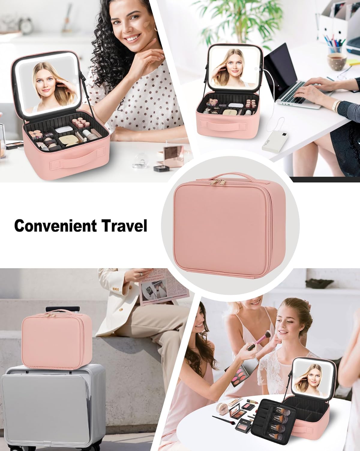 Makeup Bag With LED Mirror, Travel Makeup Case with Light up Mirror Large Cosmetic Case with 3 Color Lighted Portable Professional Organizer Bag with Adjustable Dividers（Pink）