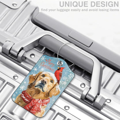 Christmas Dog and Red Cardinal Bird Set of 2 Luggage Tags for Suitcases Leather Suitcase Tags Identifiers with Privacy Name Label and Stainless Steel Loop for Women Men Travel Luggage Accessories