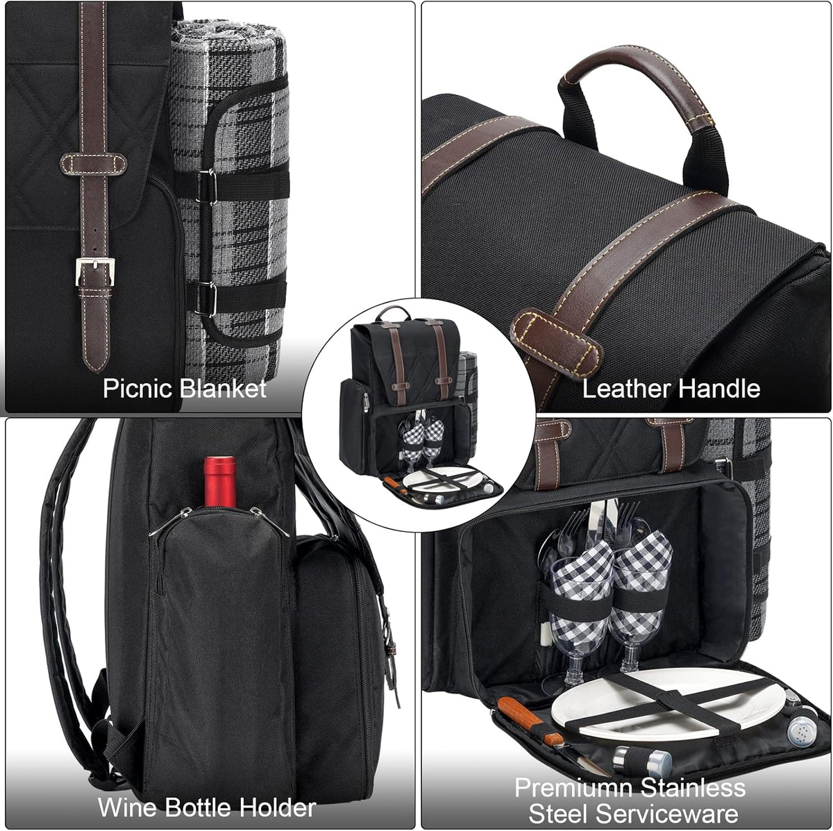 Picnic Backpack for 2 Person with Large Insulated Cooler Bag, Picnic Basket Set with Wine Pouch, Waterproof Picnic Blanket & Cutlery Set. Perfect for Camping, Party,Wedding Gift for Couple.2P-Black