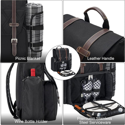Picnic Backpack for 2 Person with Large Insulated Cooler Bag, Picnic Basket Set with Wine Pouch, Waterproof Picnic Blanket & Cutlery Set. Perfect for Camping, Party,Wedding Gift for Couple.2P-Black