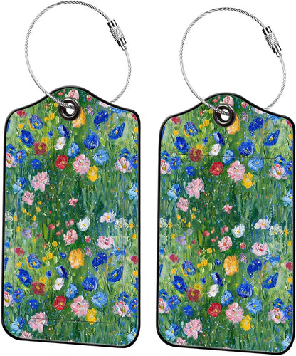 Luggage Tags for Suitcases, 2-Pack PU Leather for Cruise & Travel, Baggage ID Tags with Privacy Cover & Address Card, Durable Metal Ring, Kids Adults Travel Accessories, Impressionist Meadow
