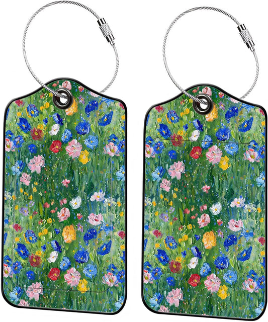 Luggage Tags for Suitcases, 2-Pack PU Leather for Cruise & Travel, Baggage ID Tags with Privacy Cover & Address Card, Durable Metal Ring, Kids Adults Travel Accessories, Impressionist Meadow